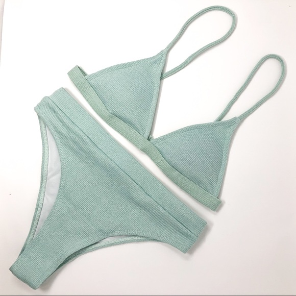 Green Ribbed Knit Bikini | Triangle, High Waisted - Picture 3 of 14